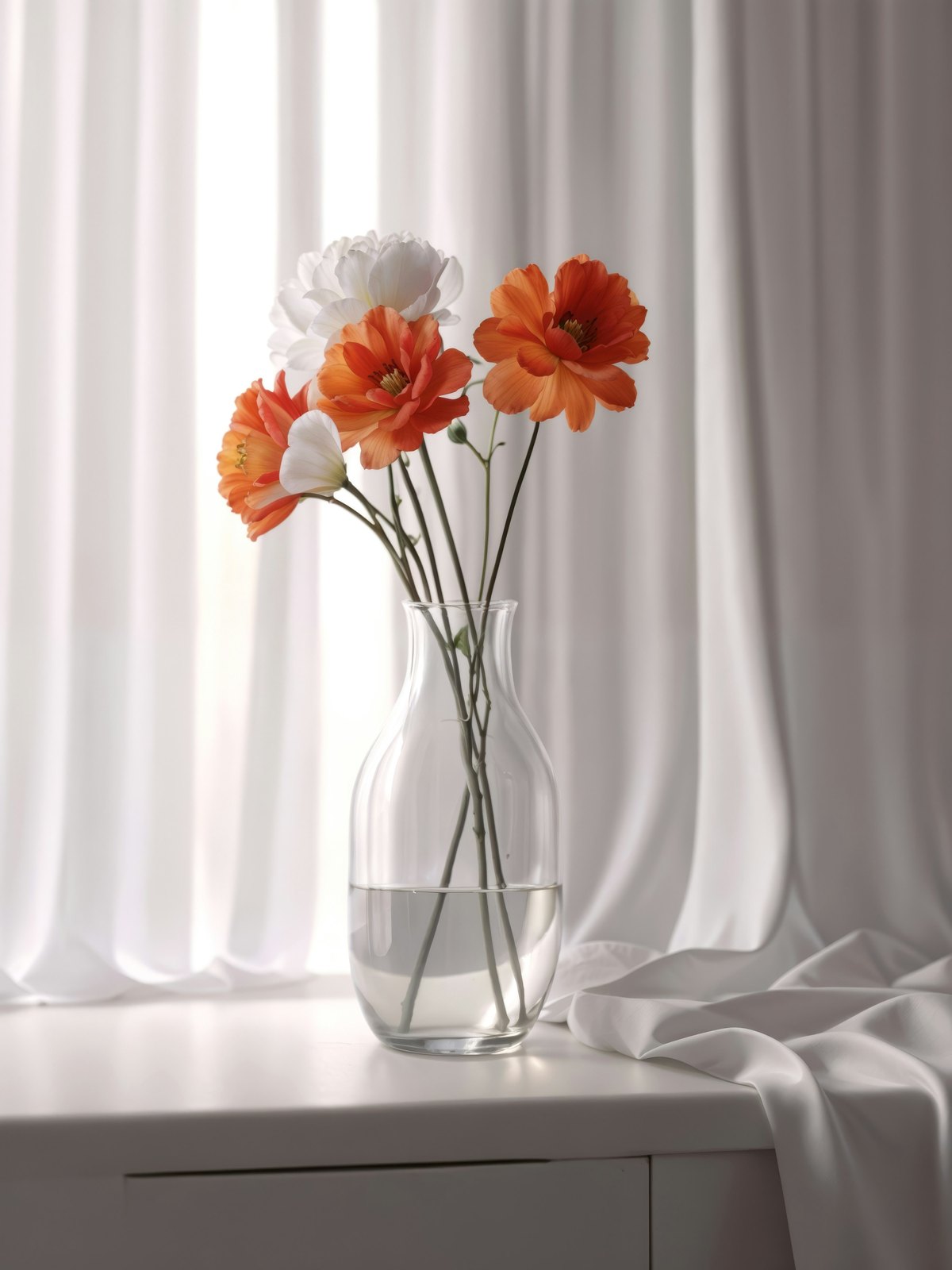A glass vase of orange and white flowers on a white table in front of a sheer curtain